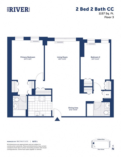 Floor plan for 2 beds, 2 baths, 1157 sqft